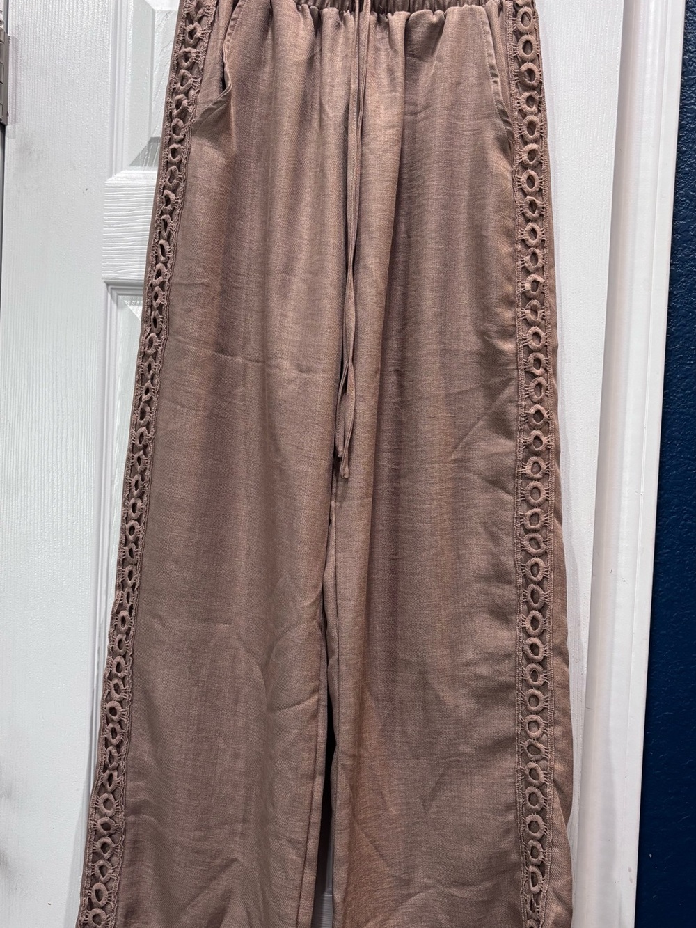 Wide-Leg Crochet-Trim Pants in Taupe